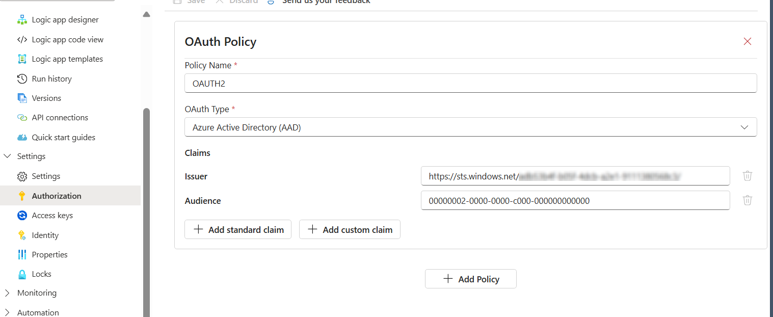 OAuth2 settings screenshot
